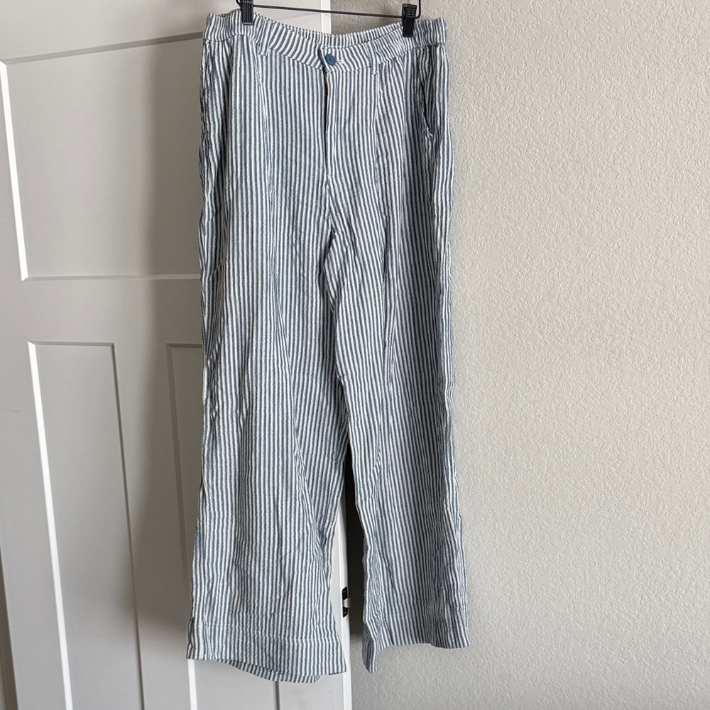 aerie Blue and White Striped Wide-Leg Trousers